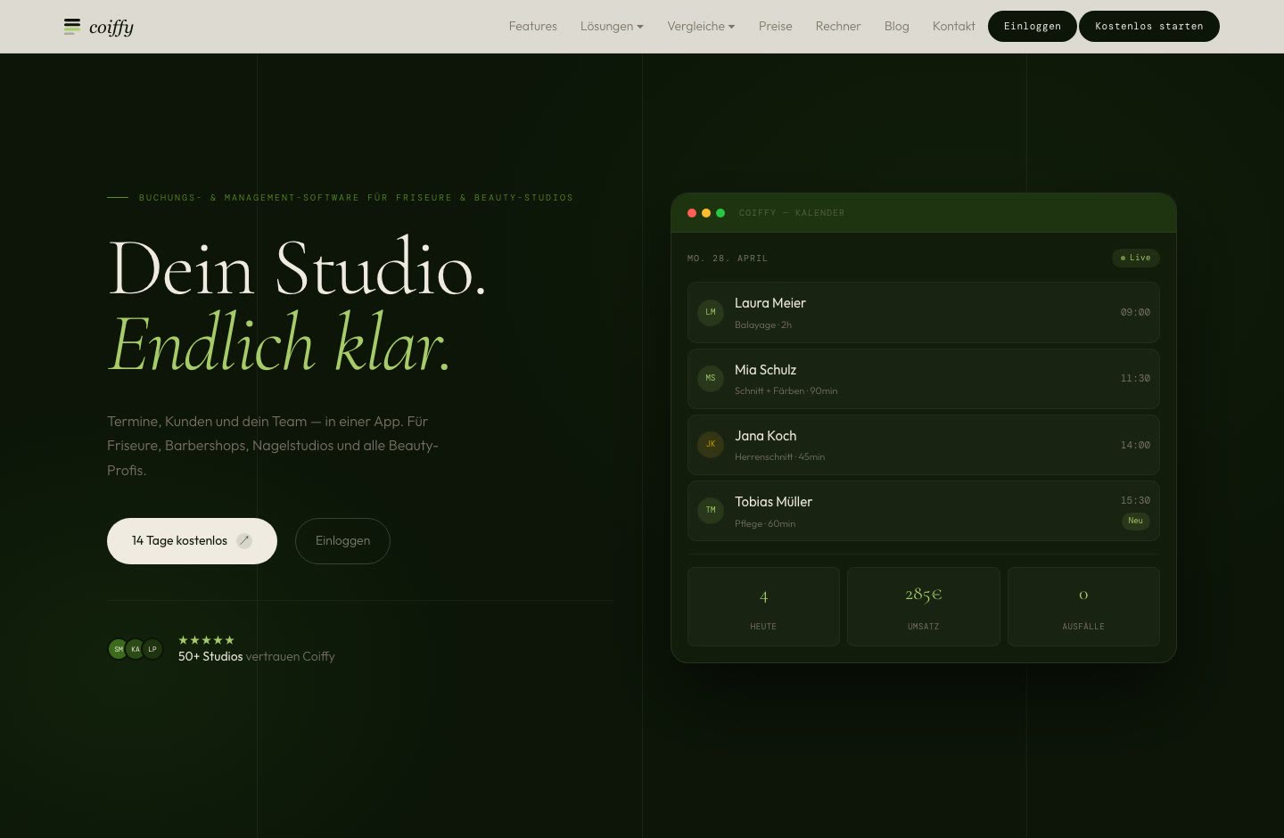 Coiffy-Startseite auf dem Desktop